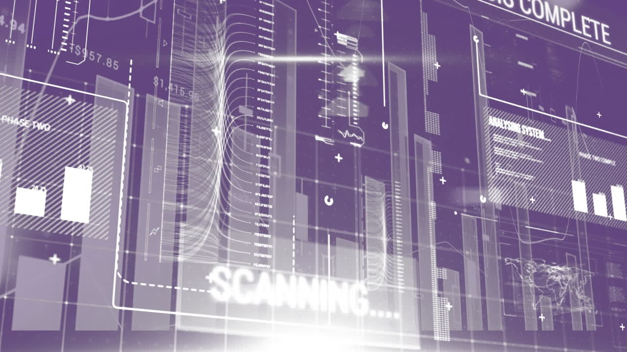 Digital animation of digital interface with data processing against blue background
