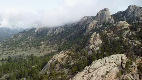 Aerial-flyover-rock-formations-at-Lumpy-Ridge-and-The-Needles,-Estes-Park,-Colorado