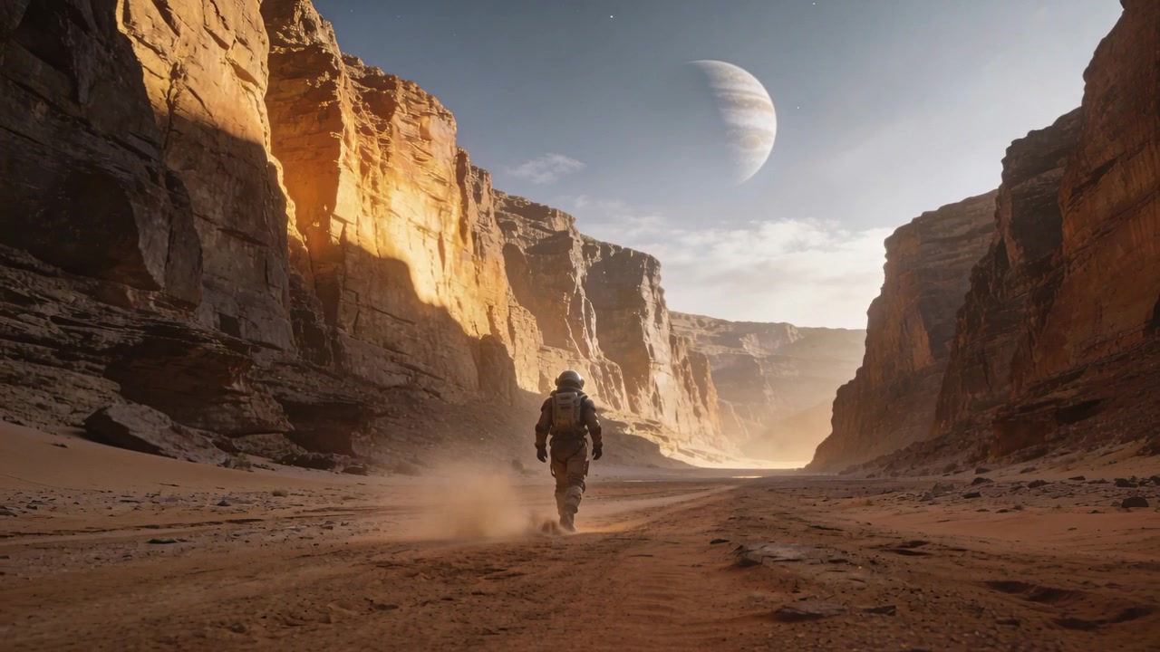 Explorateur en combinaison avec casque, portant un sac de survie, se dirigeant vers l'ouverture lumineuse d'un canyon.