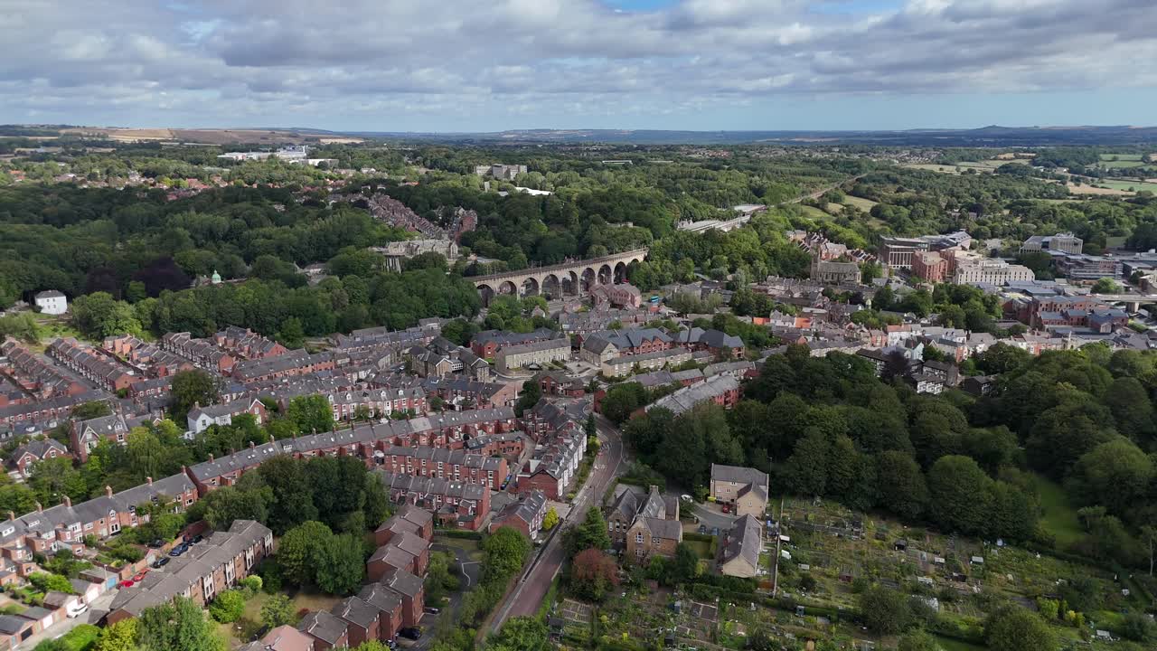 Aerial drone view of durham town city north east england uk cathedral university
