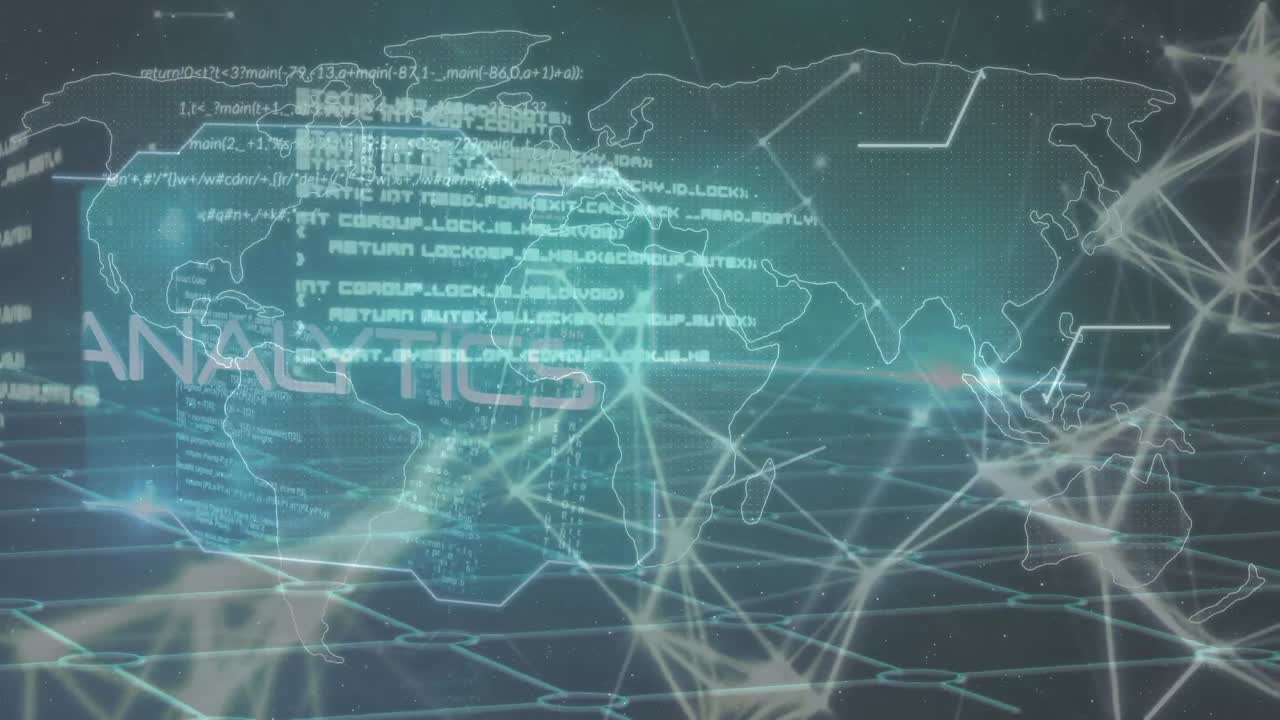 Animation of network of connections and world map with data processing on black background