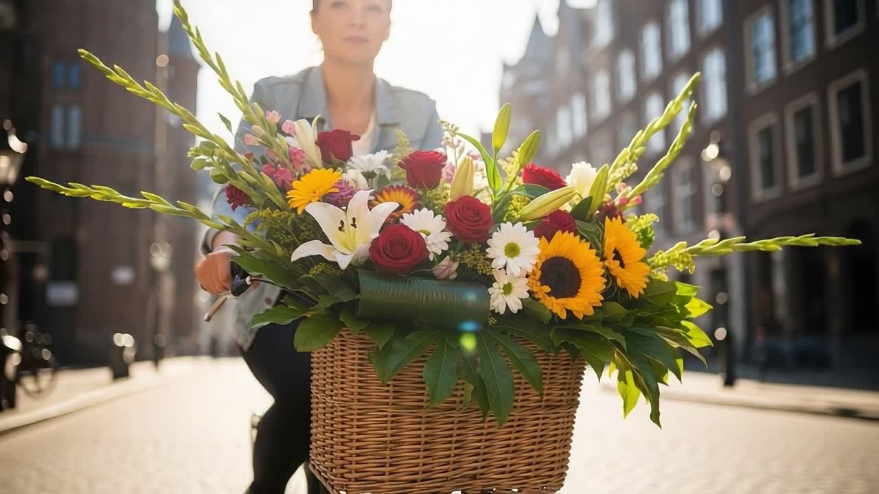 A Joyful Ride Through the City: A Woman Cycling with a Colorful Basket Full of Flowers on a Bright Sunny Day, Capturing the Beauty of Urban Life
