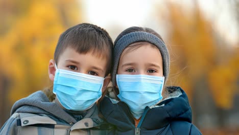 Two siblings wearing protective surgical masks standing close together in autumn park setting, surrounded by golden foliage and warm sunlight during pandemic season