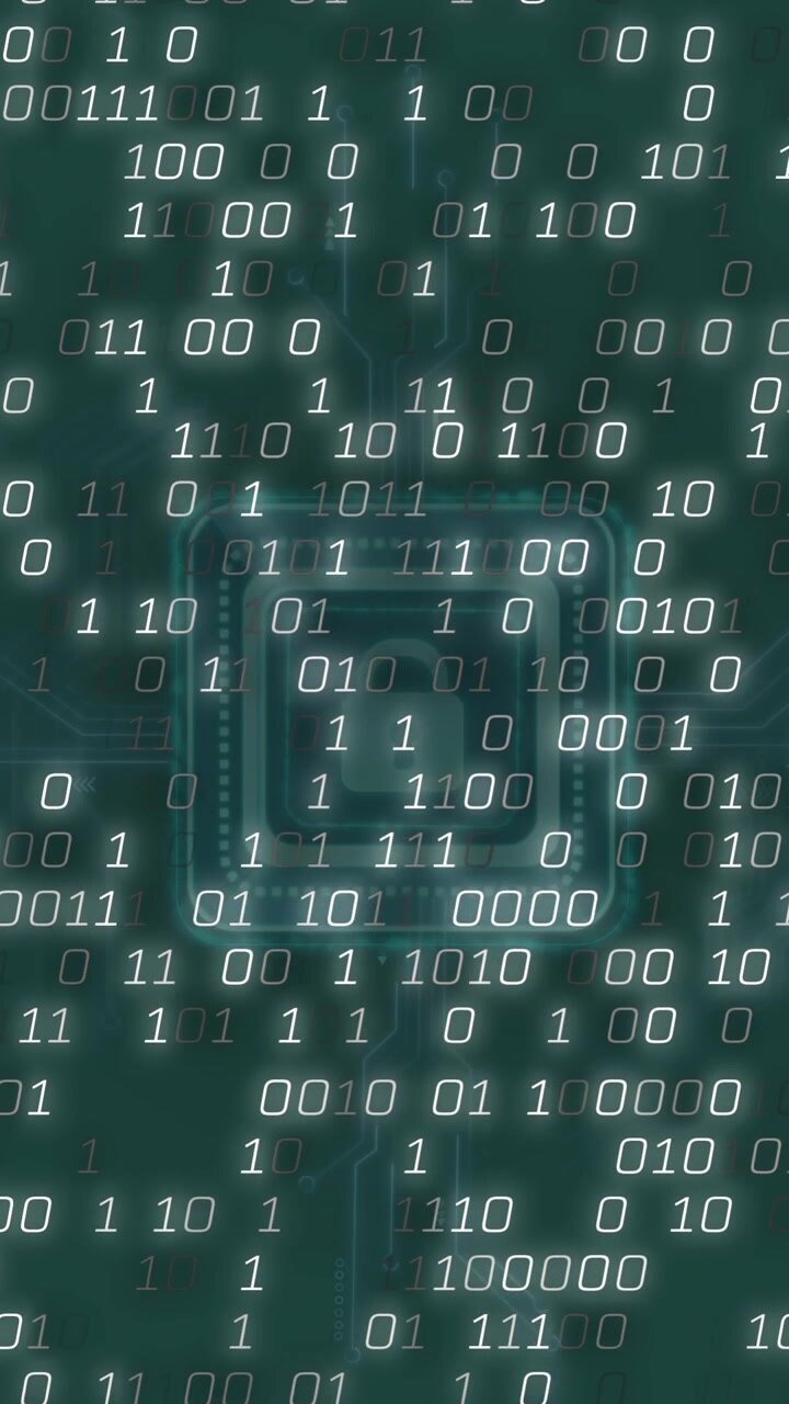 Animation der Datenverarbeitung über einem Vorhängeschloss-Symbol auf grünem Hintergrund