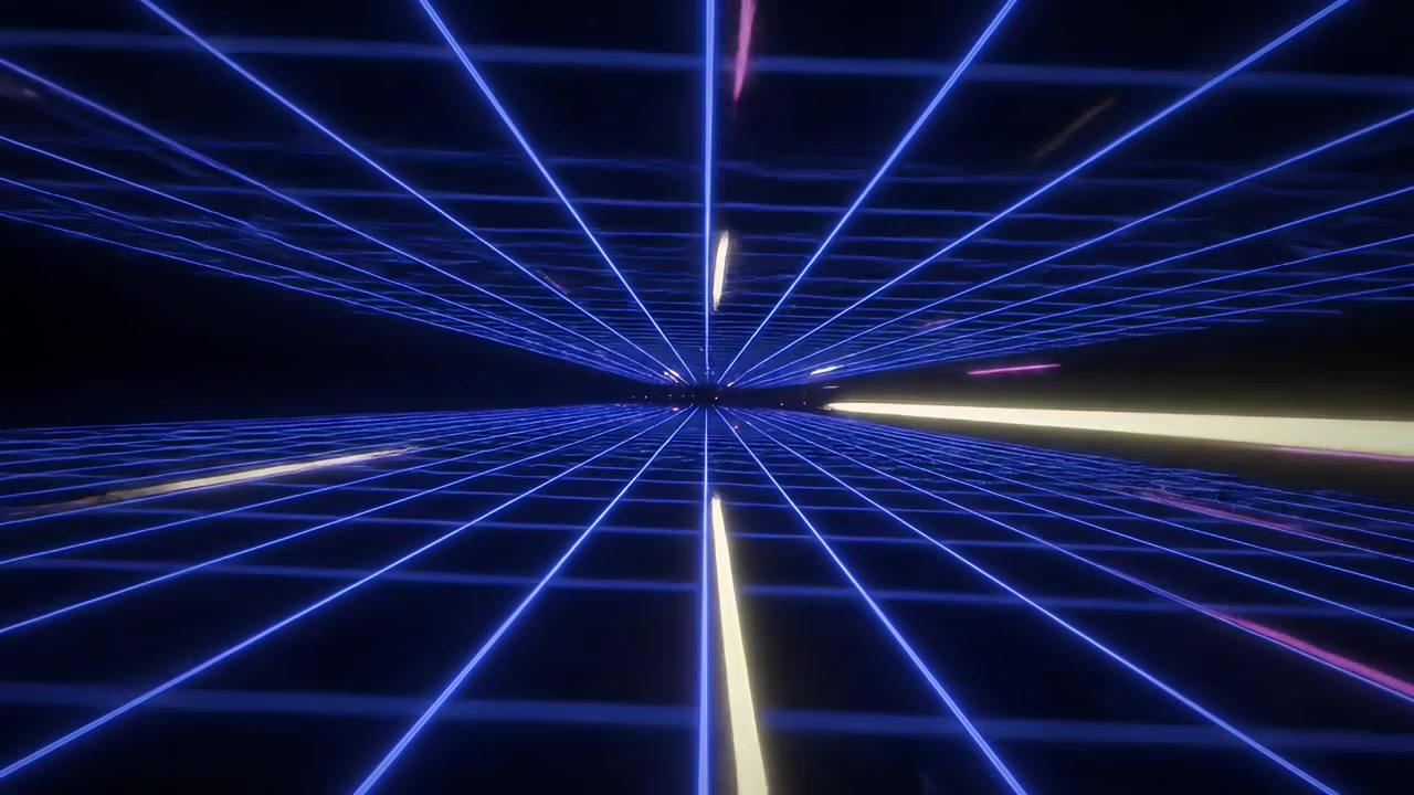 Retro Synthwave Grid Tunnel with Glowing Light Streaks