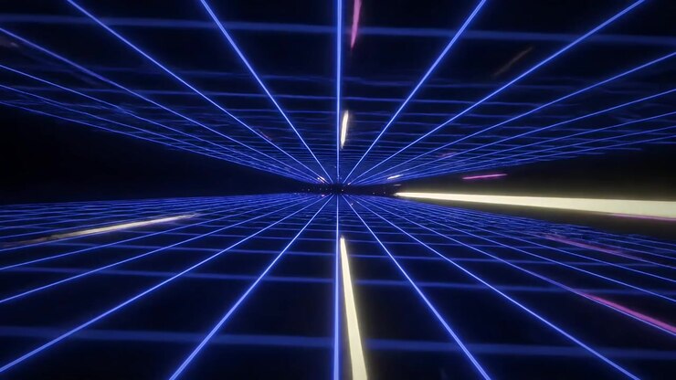 Tunnel a griglia retro synthwave con scie luminose
