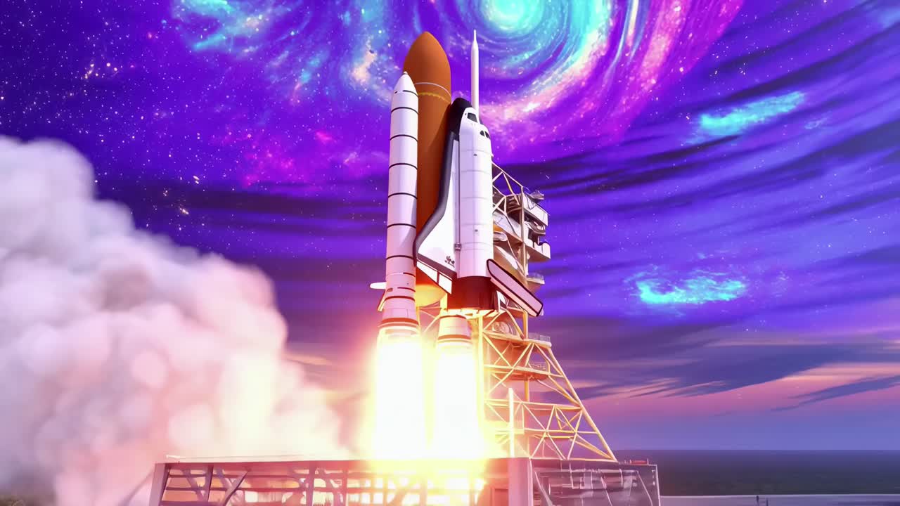 Un video di un razzo che viene lanciato in una galassia vibrante, ripreso da un angolo basso