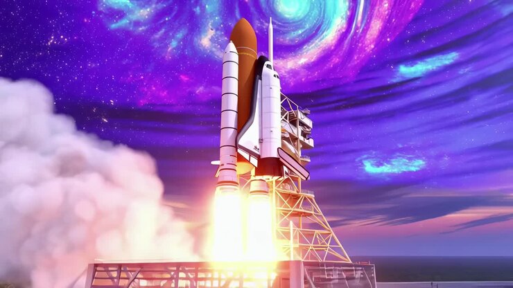 A video of a rocket launching into a vibrant galaxy, captured from a low angle