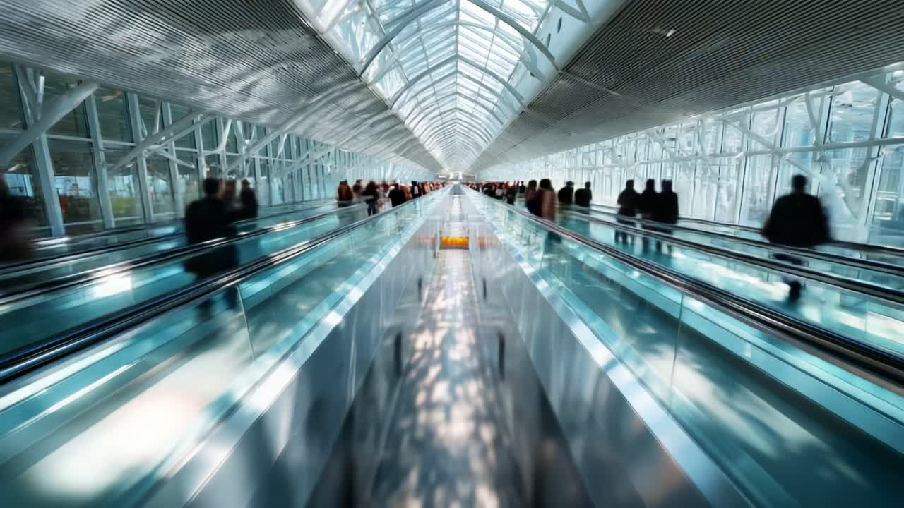A Bustling Transportation Hub with People in Motion Through a Modern Airport Terminal Featuring Glass Architecture and Moving Walkways for Efficient Transit