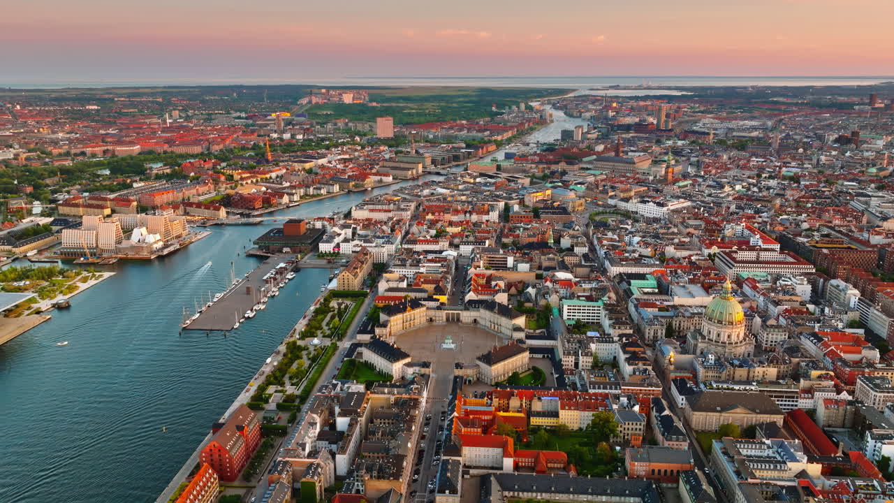 Aerial drone view of Amalienborg Palace, Frederik's Church and the city centre of Copenhagen, Denmark