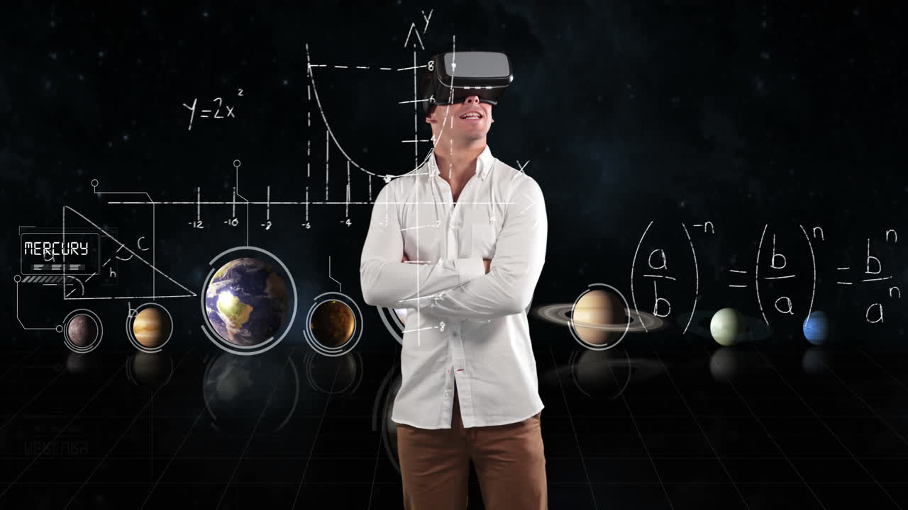 equazioni matematiche e sistema solare galleggiante contro l'uomo usando auricolari vr