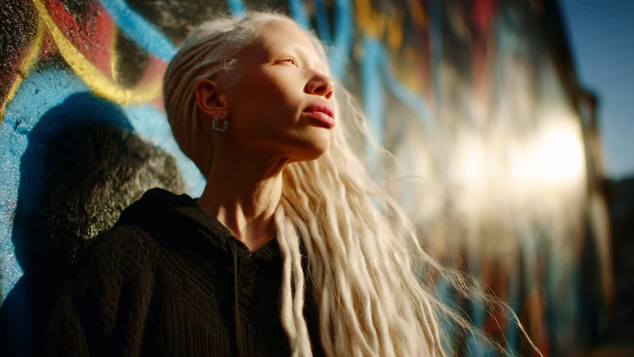 A Serene Moment Captured in Time: Embracing Natural Light Reflections on an Expressive Face Against a Vibrant Urban Graffiti Background at Golden Hour