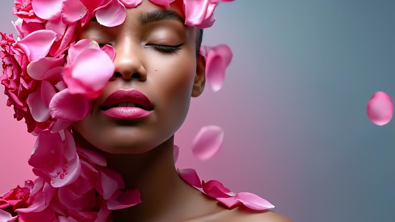 A woman with pink flowers in her hair and pink lipstick