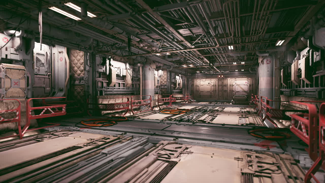 Espaço industrial abandonado com maquinário intrincado e efeitos de iluminação tênue