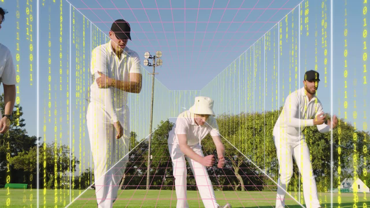 Fyra cricketspelare som böjer sig ner, samlar bollar och promenerar för träning, startar synkronisering av 3D-rutnätsmarkörer