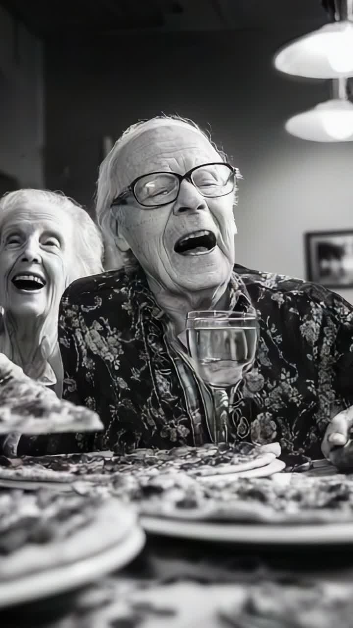 Joyful Moment Shared Between Two Seniors Enjoying Pizza and Laughter, Captured in Black and White, Emphasizing the Warmth of Togetherness and Happiness