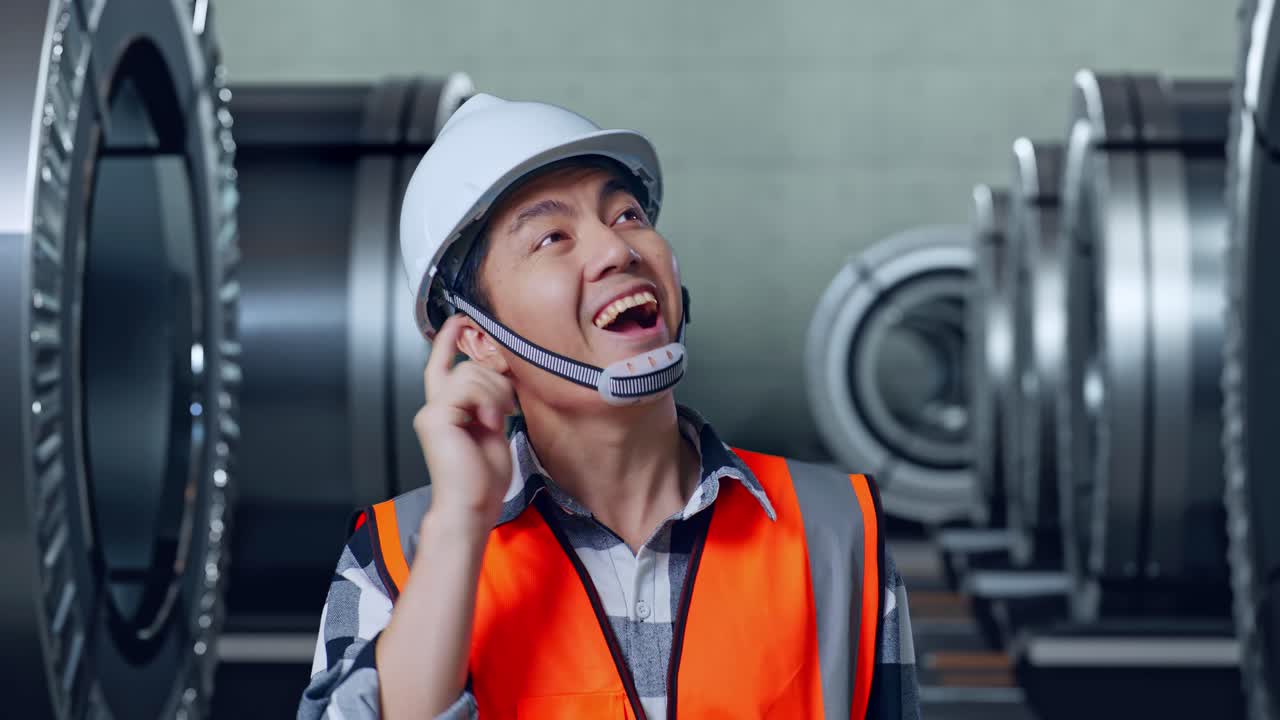 안전 헬을 입은 아시아 남성 엔지니어가 생각하고 주위를 둘러보며 금속 공장에서 서 있는 동안 지표손가락을 올리고 있습니다.