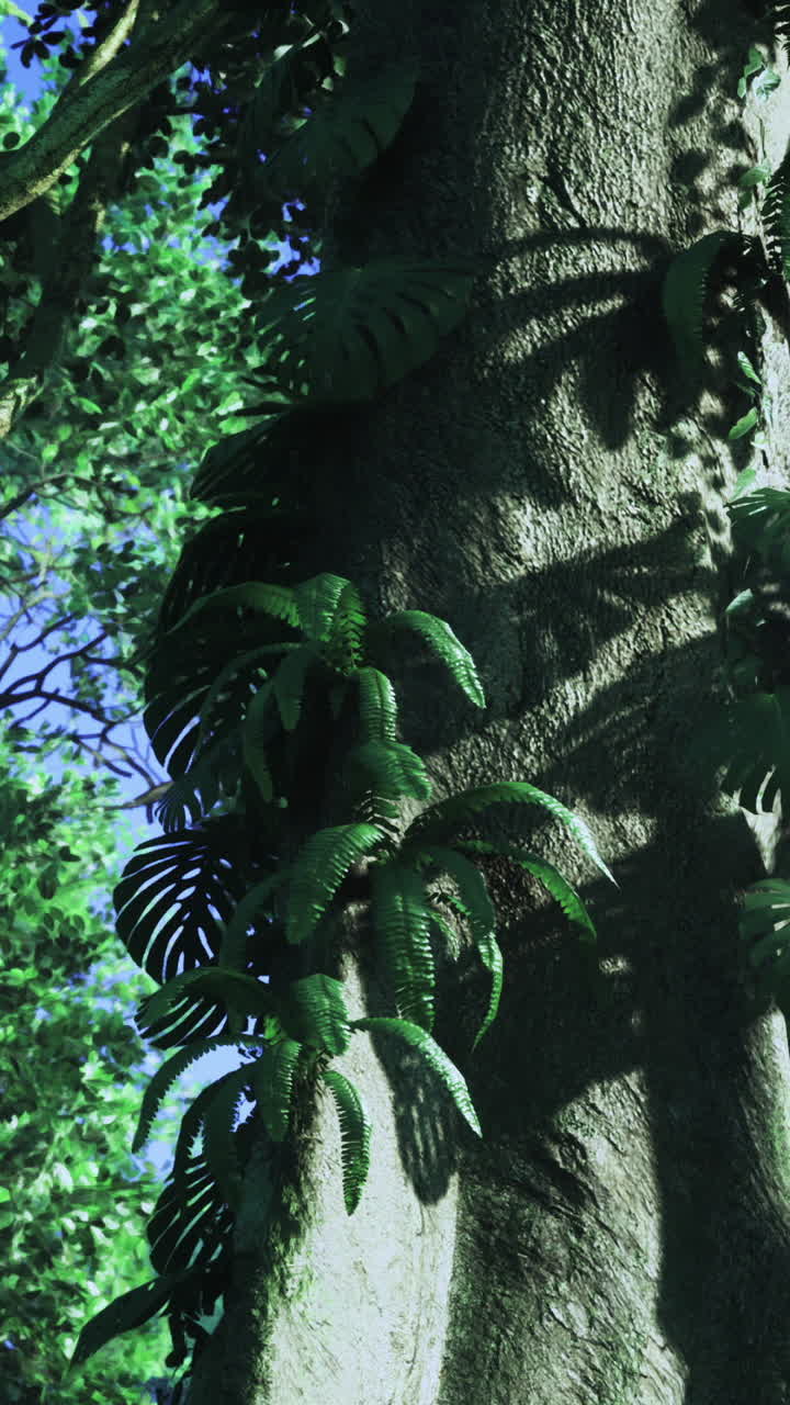 Lush tropical tree with vibrant green foliage under clear blue sky