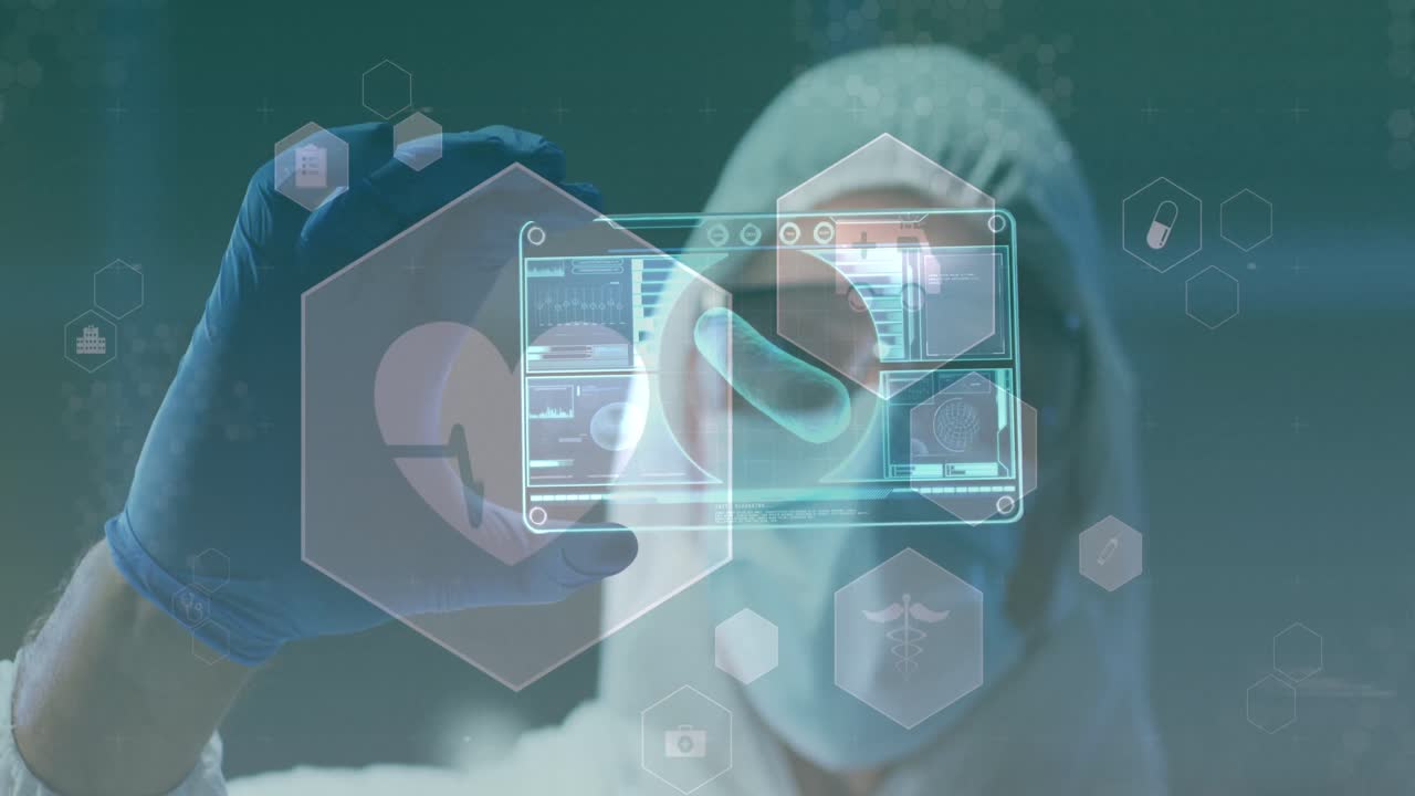 Animation of medical icons over caucasian male doctor wearing face mask