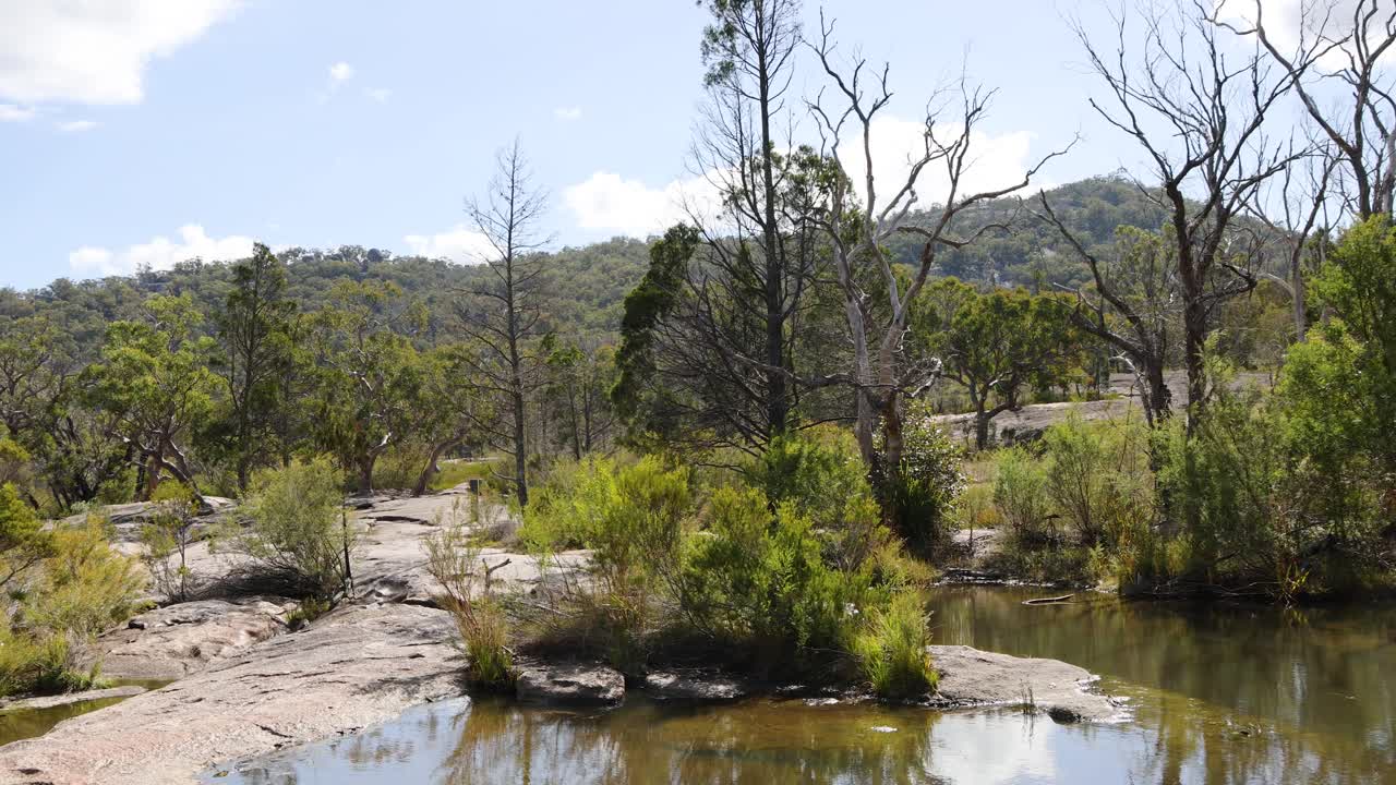 un río sereno fluye a través de una zona escarpada y boscosa