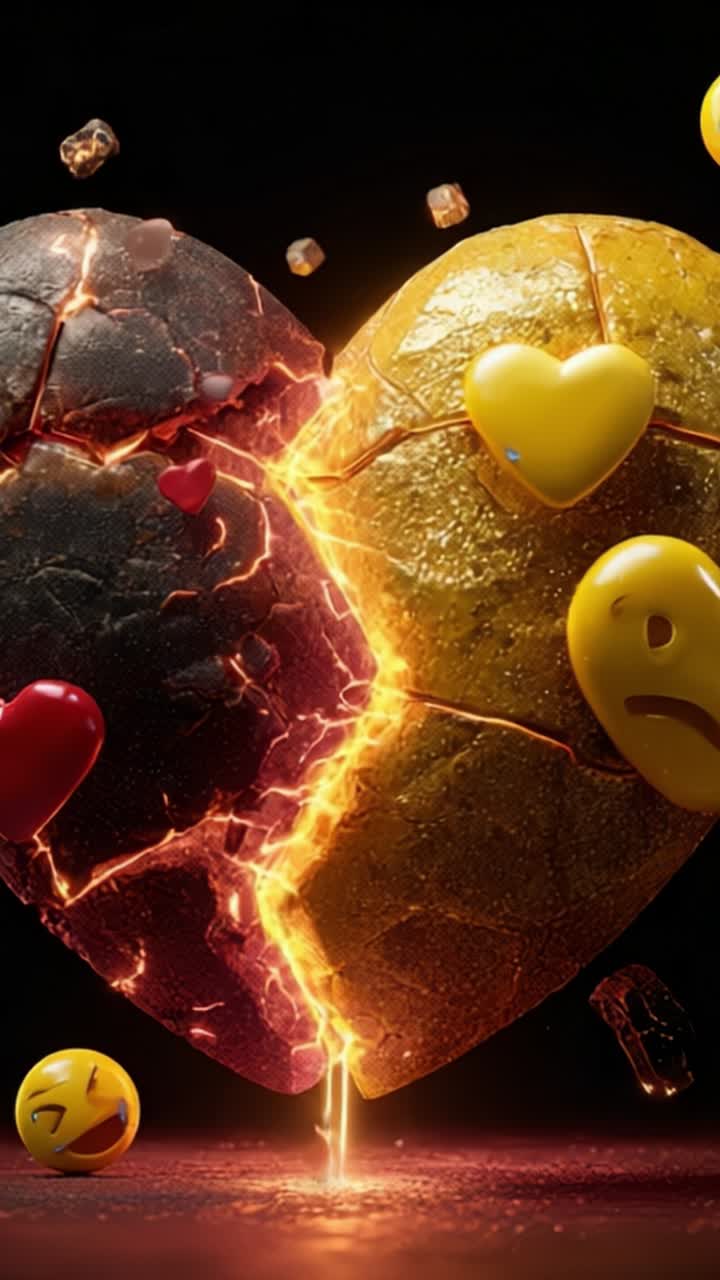 Un viaggio trasformativo di emozioni: da un cuore spezzato con fiamme e sorrisi a un cuore giallo brillante, che simboleggia il cambiamento e l'evoluzione dei sentimenti attraverso le icone.