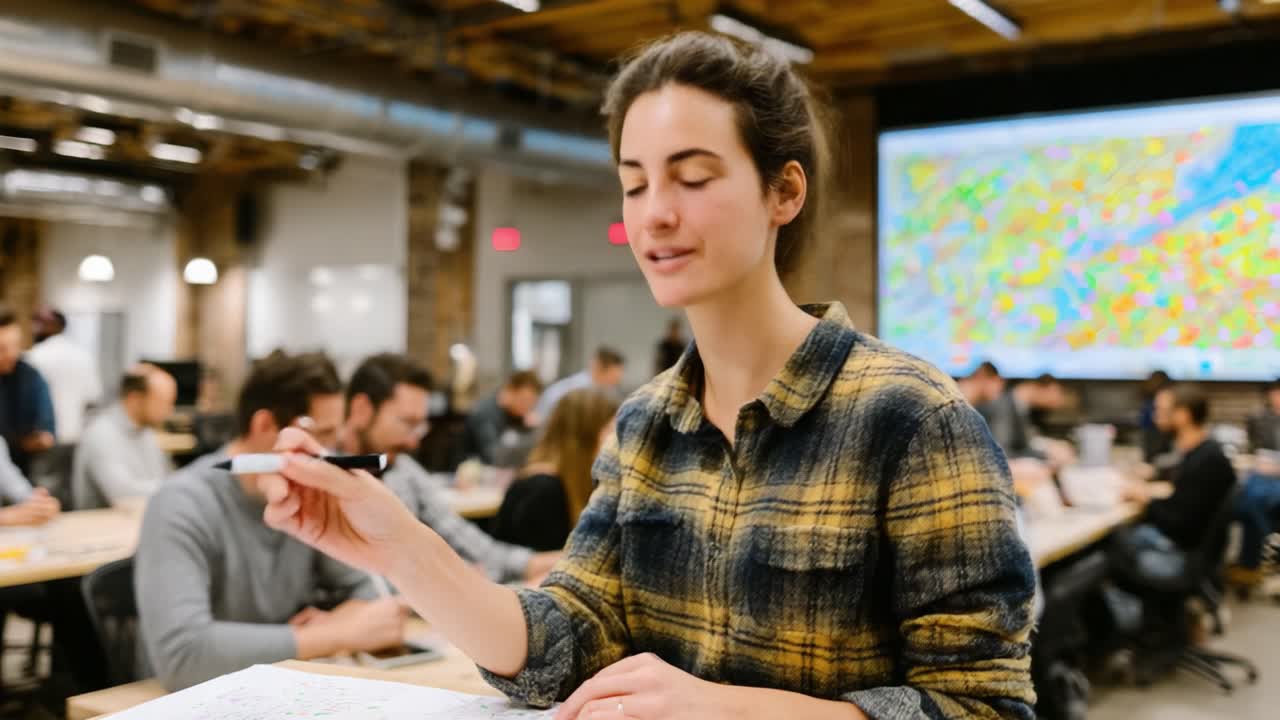 A Young Woman Smiles Confidently at the Camera in a Bright, Engaging Classroom Setting, Surrounded by Peers in a Collaborative Learning Environment