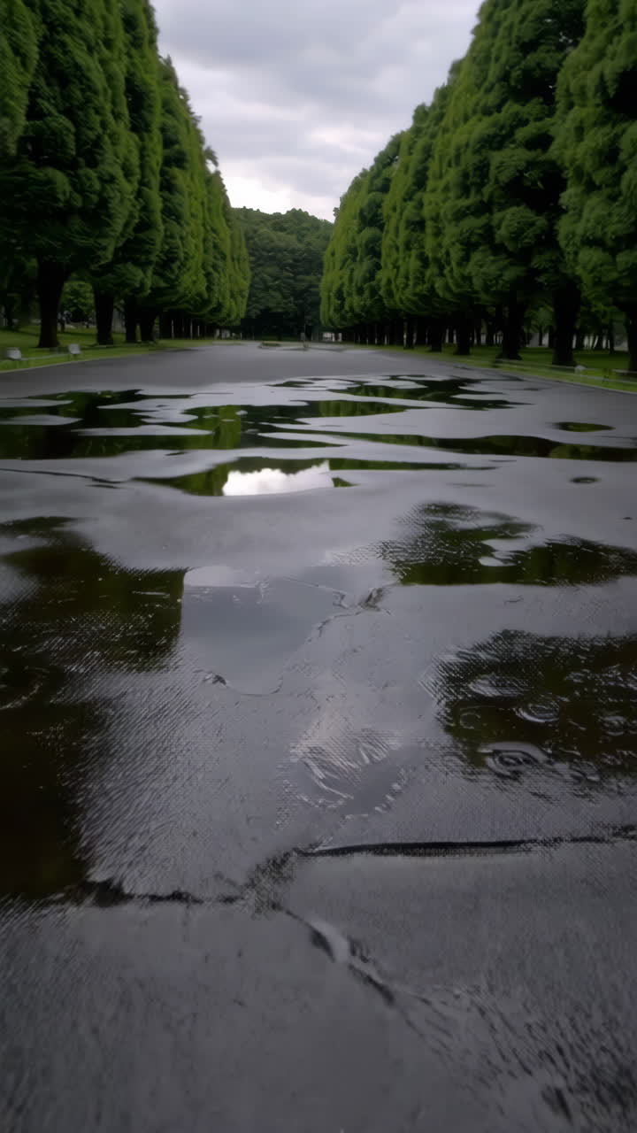 Rainy Park Path with Reflections