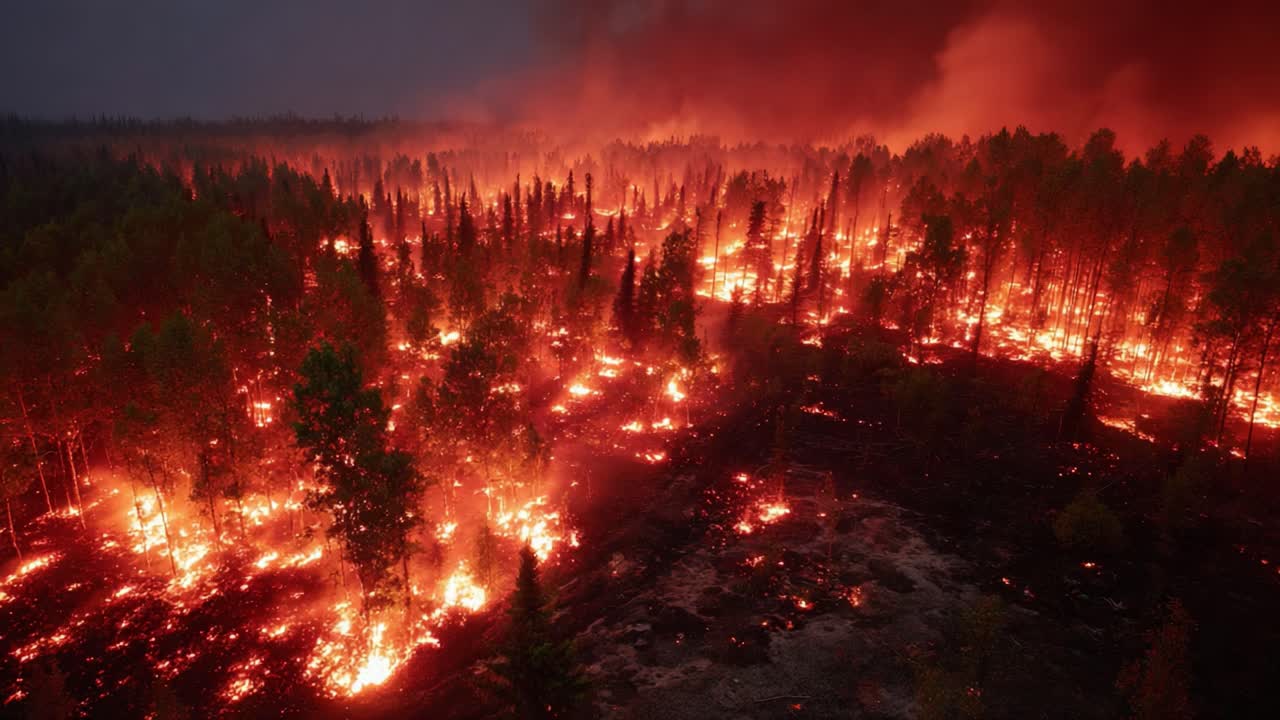 Aerial View of Devastating Wildfire Ravaging Through Dense Forest, Consuming Trees and Underbrush with Intense Flames and Smoky Skies in a Catastrophic Scene of Nature's Fury