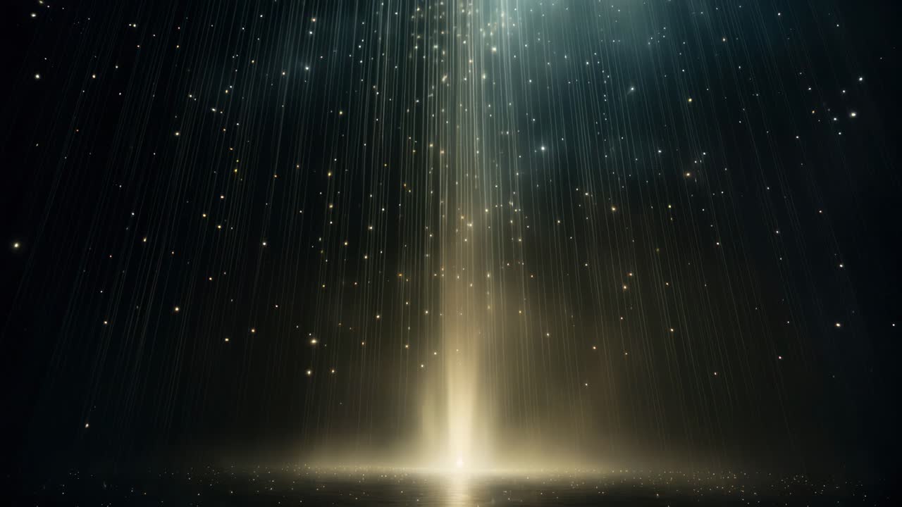 Un affascinante concept video di fasci di luce e particelle che scendono dall'alto, ripreso dal basso