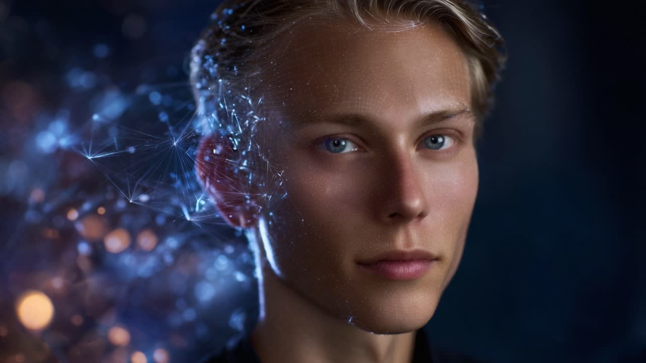 A stunning close-up of a young man's face, where digital elements seem to blend with his features, reflecting a creative fusion of technology and humanity