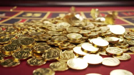 a spectacular display of gold coins piling up on a vibrant roulette table, capturing the essence of excitement and wealth in a casino atmosphere