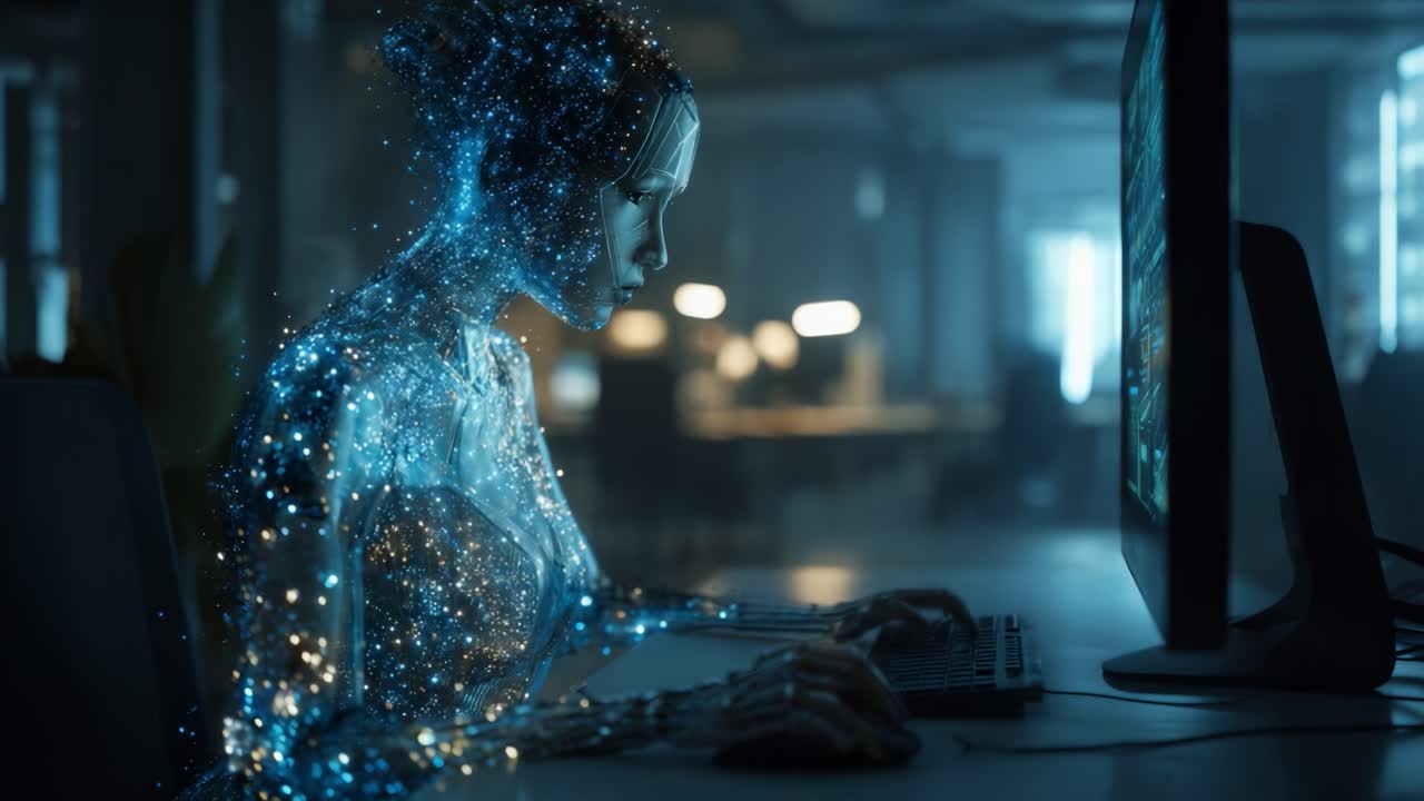 A Futuristic Digital Entity Engaged in Computing, Merging Technology and Humanity with Sparkling Data Visualization Amidst a Modern Workspace Environment