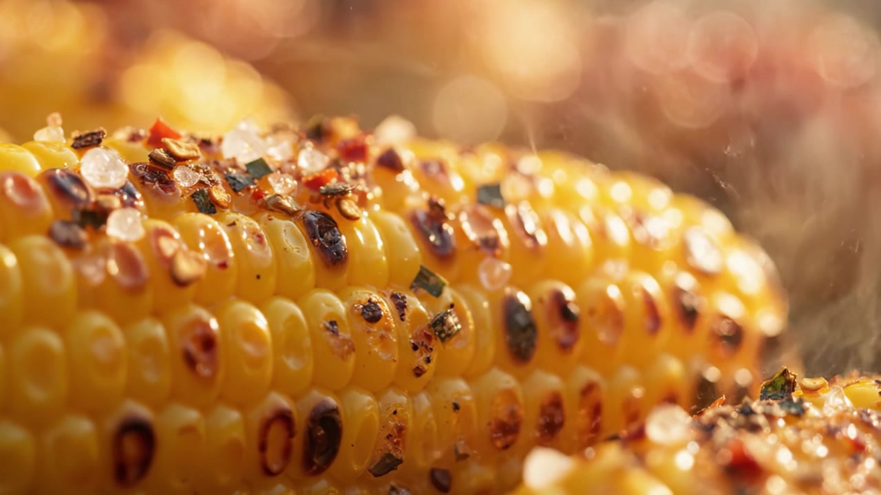 A Close-Up View of Delicious Grilled Corn on the Cob, Enhanced with Spices and Seasonings for a Flavorful Summer Barbecue Experience.