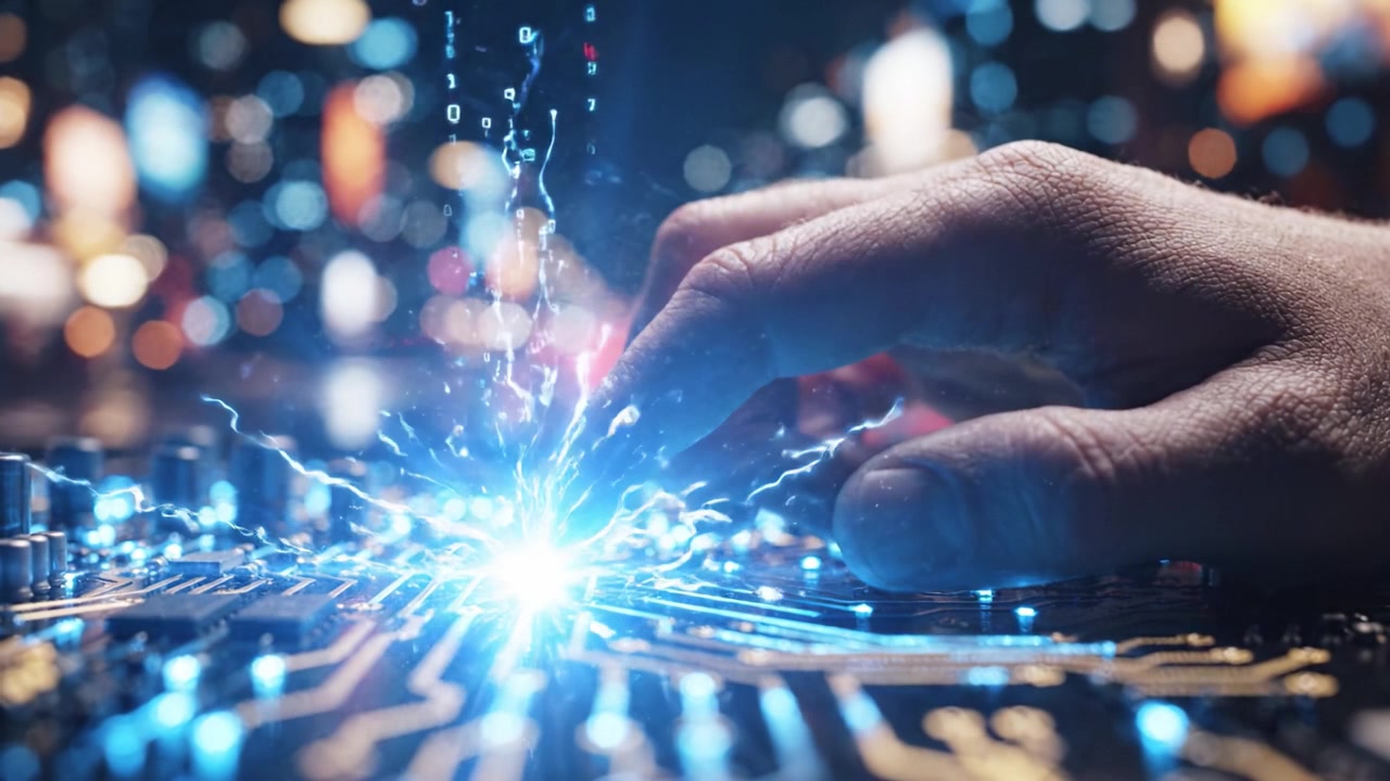 Exploring the Fusion of Technology and Creativity: A Hand Engaging with a Circuit Board, Sparking Digital Connectivity Amidst a Vibrant Cityscape