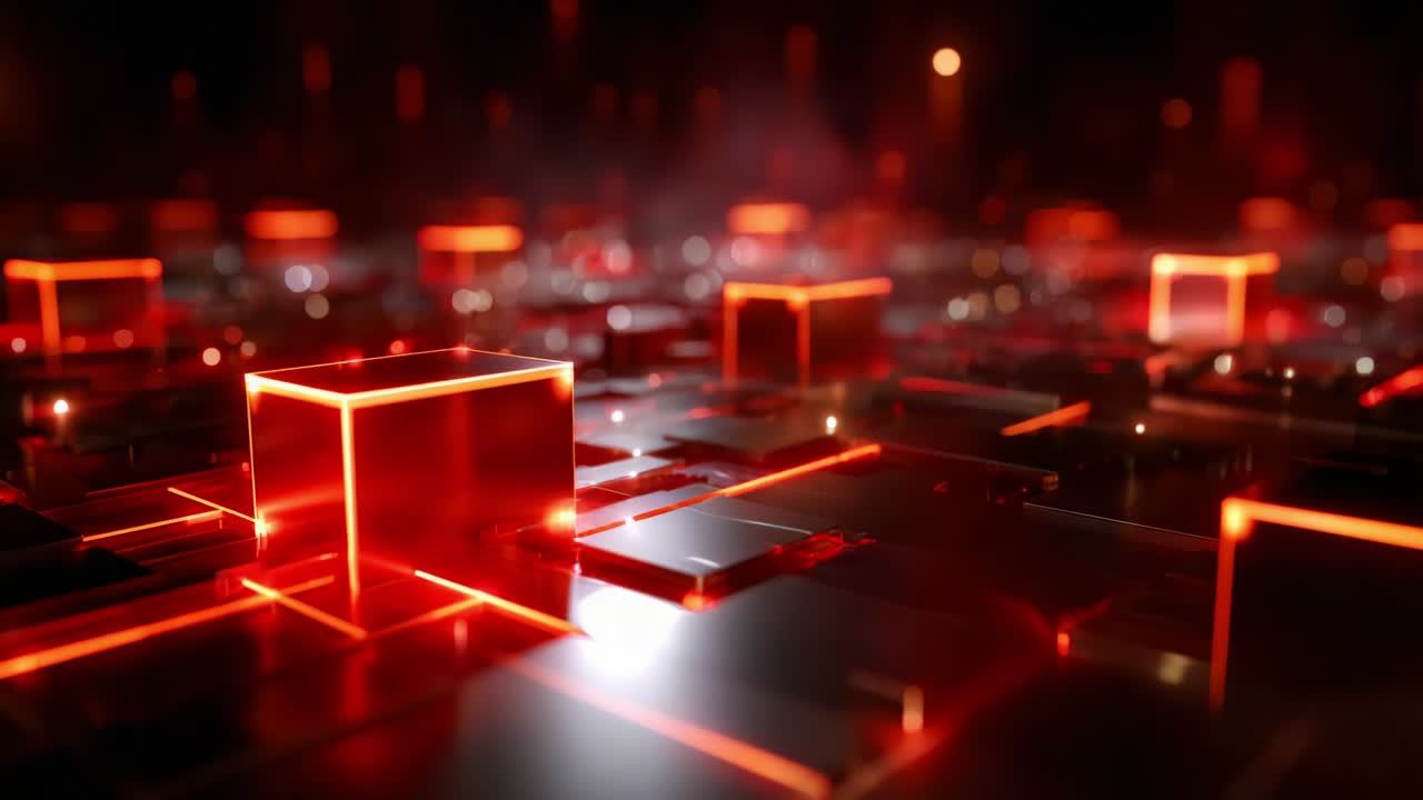 Dynamic Abstract Visualization of Futuristic Neon Blocks and Glowing Grids in a Dark Environment, Highlighting the Interplay of Light and Shadow with a Modern Tech Aesthetic