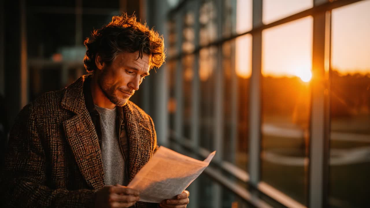 Contemplative Man Reviewing Documents by Sunlit Window in a Modern Space, Deep in Thought with Gentle Warmth of Sunset Glowing Around Him