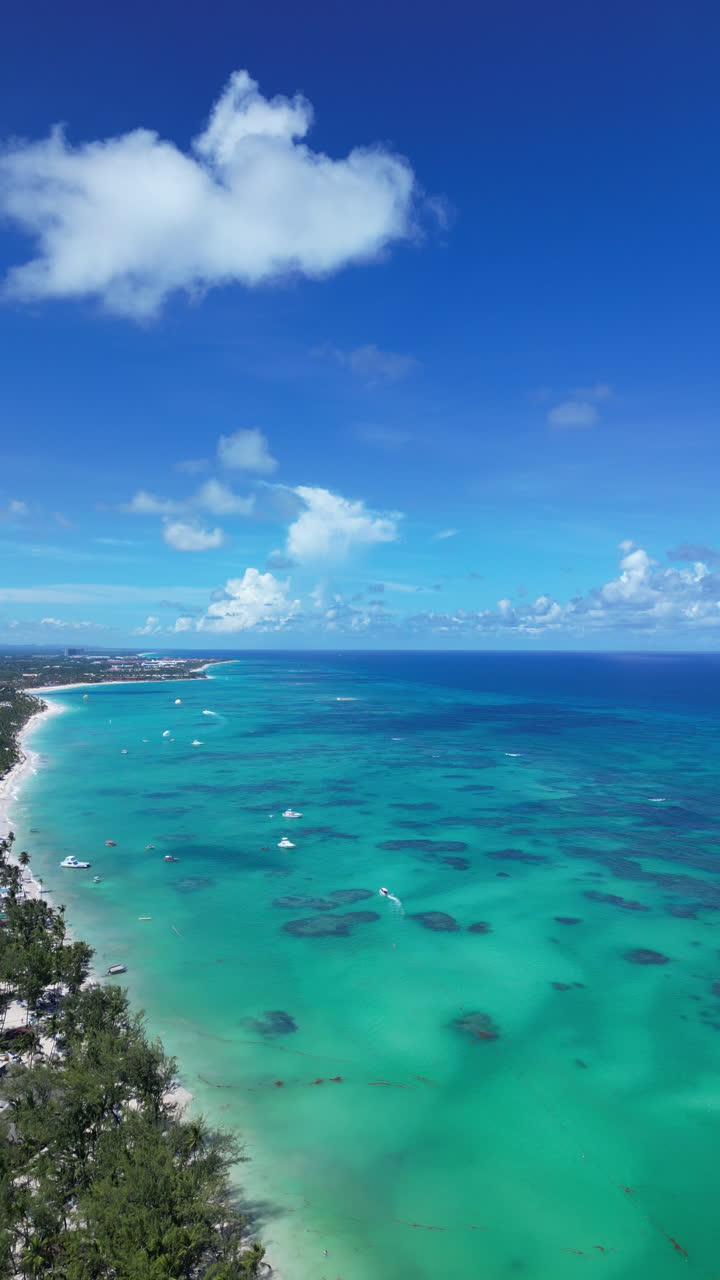 Scatto verticale aereo del Mar Caraibico turchese, spiagge sabbiose e resort di lusso sulla costa di Punta Cana con barche nell'acqua.