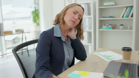 business, woman and employee with neck pain