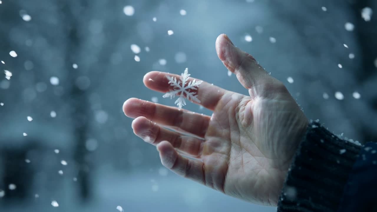 Single flake landing, hand rotating wrist cupping fingertip and viewing it in snow with knit cuff