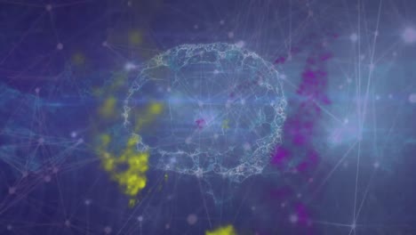 animation of color smokes over connected dots and human brain against abstract background