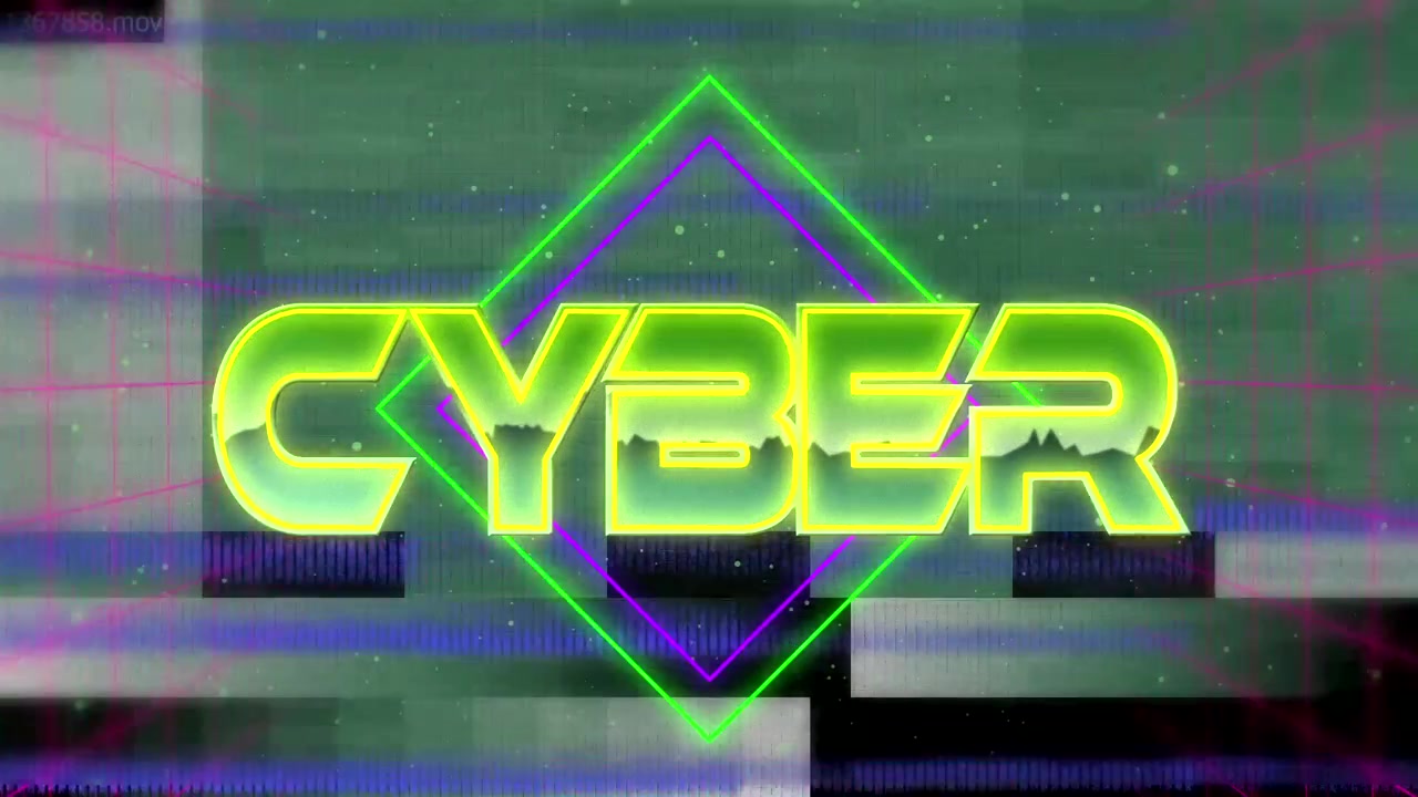 Schermata verde con effetto glitch iniziale che mostra il contorno di YBER che forma il testo neon CYBER espandendo un diamante viola