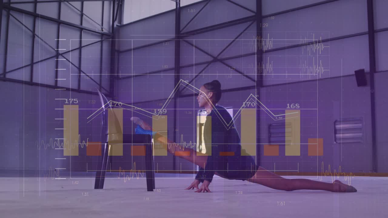 Athlete sliding from lunge into front split, boosting flexibility while fitness charts updating