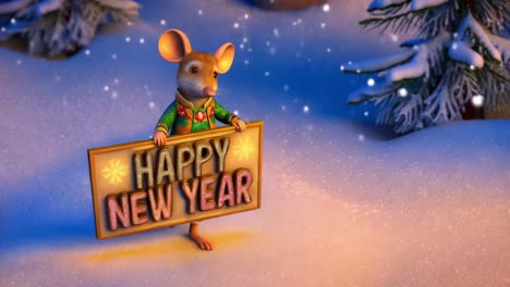 cute mouse holding happy new year sign in snowy forest