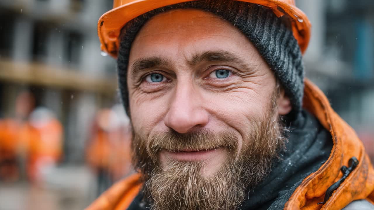 A smiling construction worker wearing an orange hard hat and gray beanie, exuding warmth and confidence in a busy construction site setting