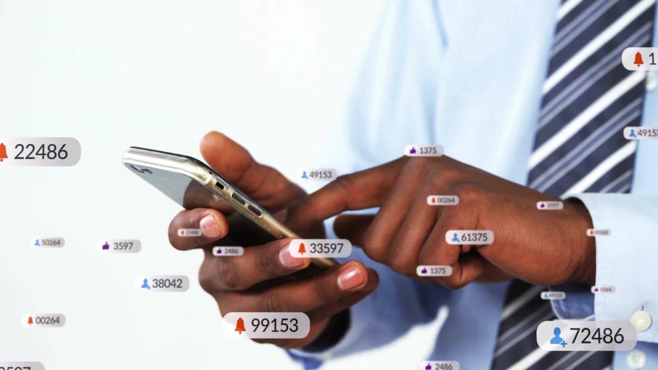 Businessman hovering finger tapping smartphone, floating notification icons tracking engagement