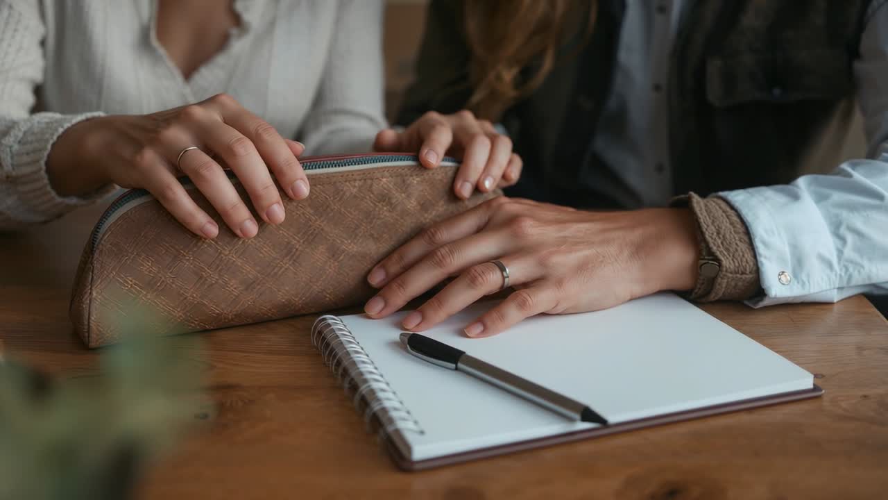 Hands resting near pouch, vneck pair holding pouch, smoothing note, prepping with pen at cafe