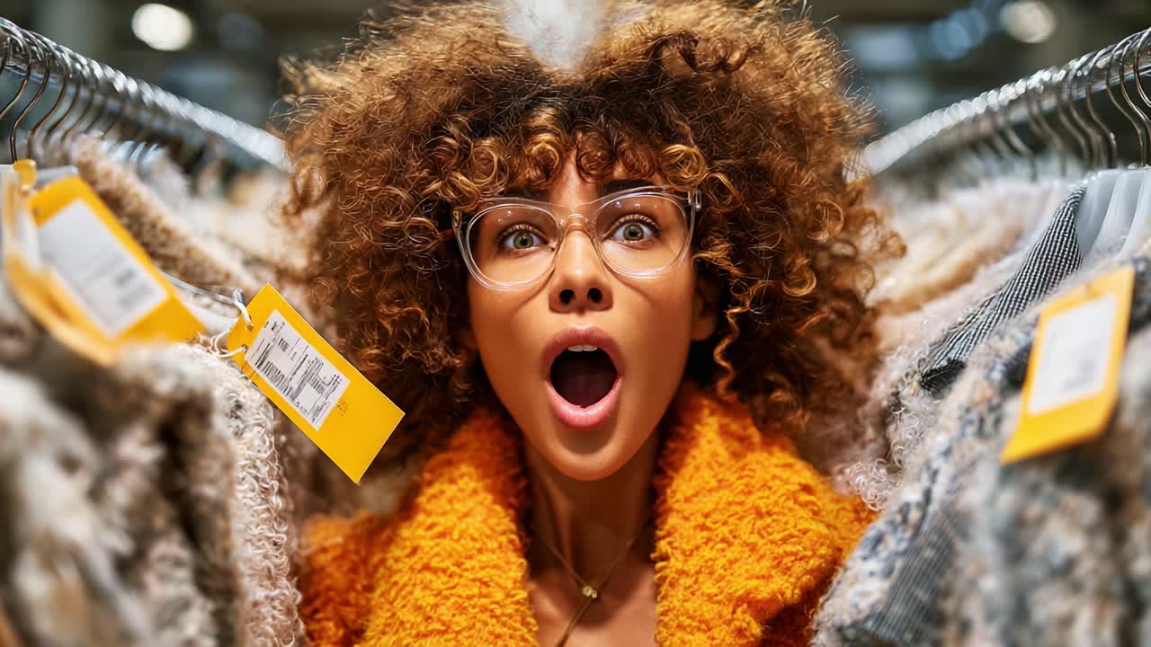 Excitement in Fashion: A Young Woman Surrounded by Clothing Racks Dressed in a Cozy Orange Sweater, Capturing a Moment of Surprise and Delight in a Vibrant Shopping Environment