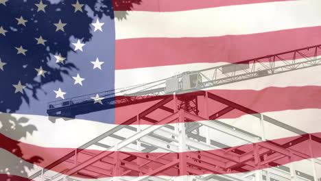 Animación-Del-Sitio-De-Construcción-Y-Grúa-Con-Bandera-Americana