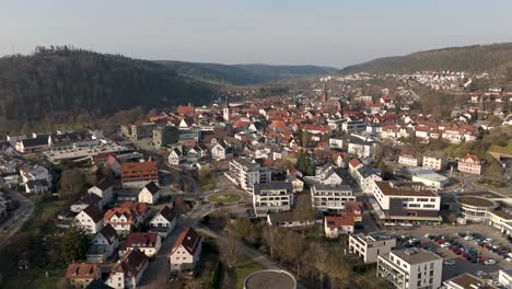 aerial view of a town in a valley landscape