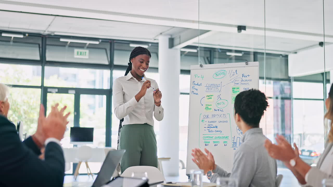 Leader, meeting and whiteboard applause